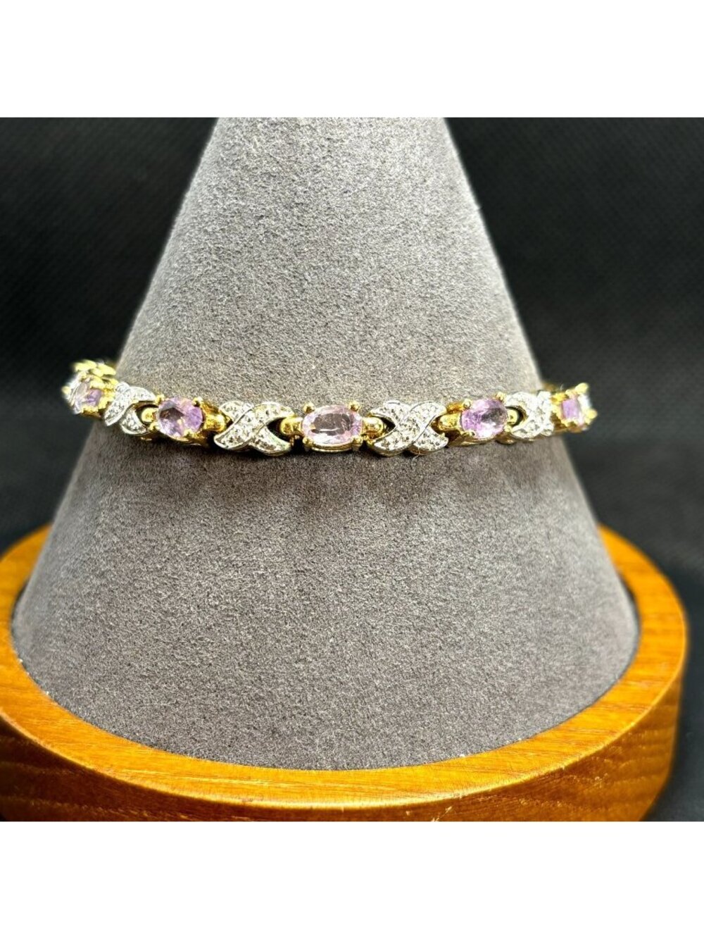 Pink Topaz Tennis Bracelet X Link Design Sterling Silver 925 Size 7.5'' Long